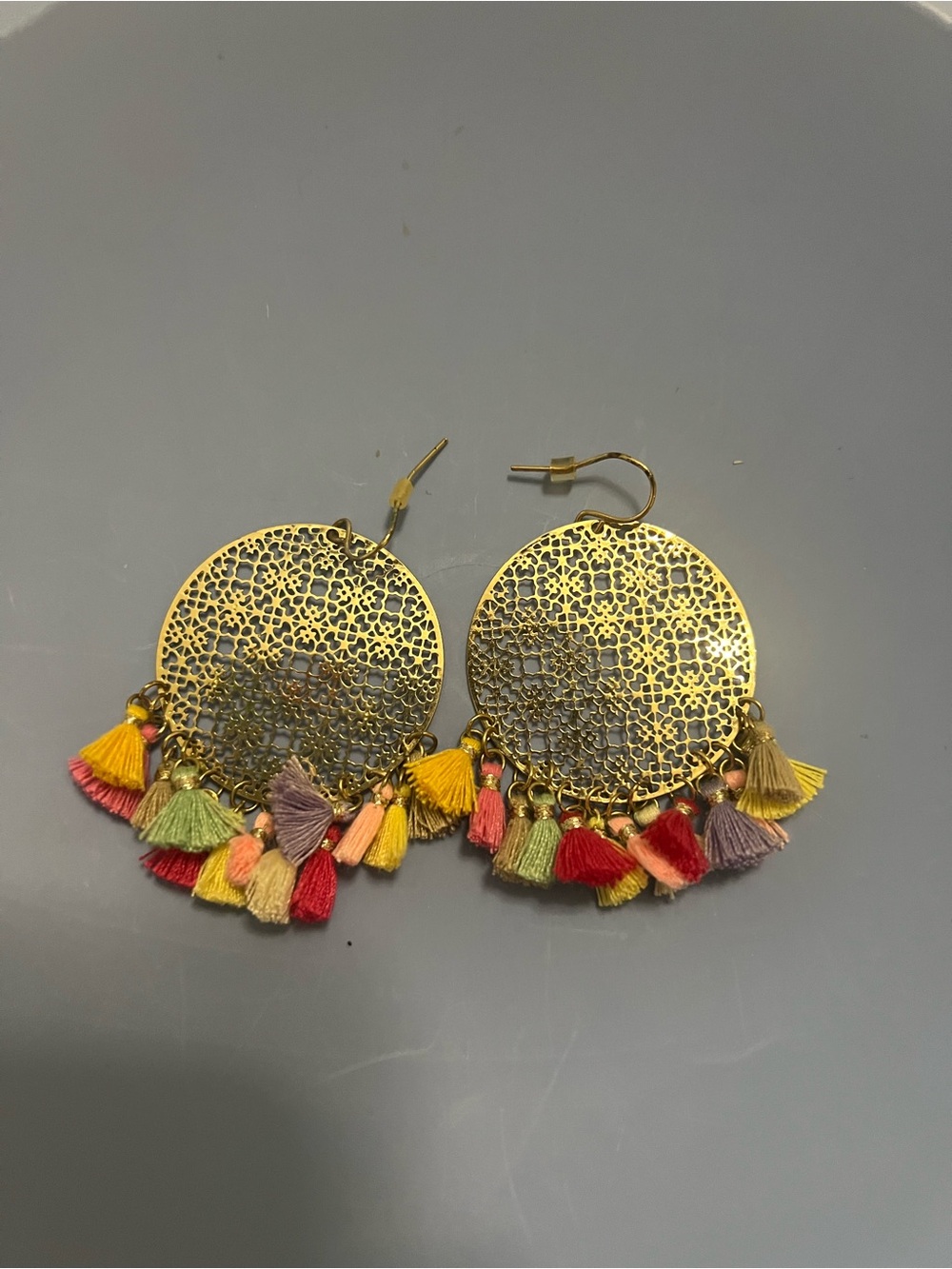 Gold Filigree Hoop Earrings with Multicolor Tassel Fringe
